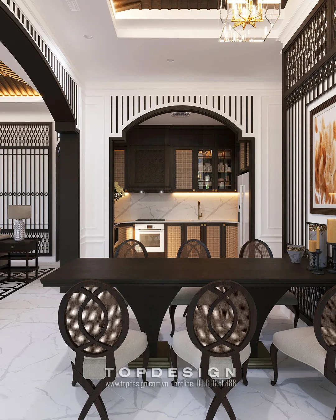 Vòm cửa phong cách Indochine nối phòng khách và phòng ăn