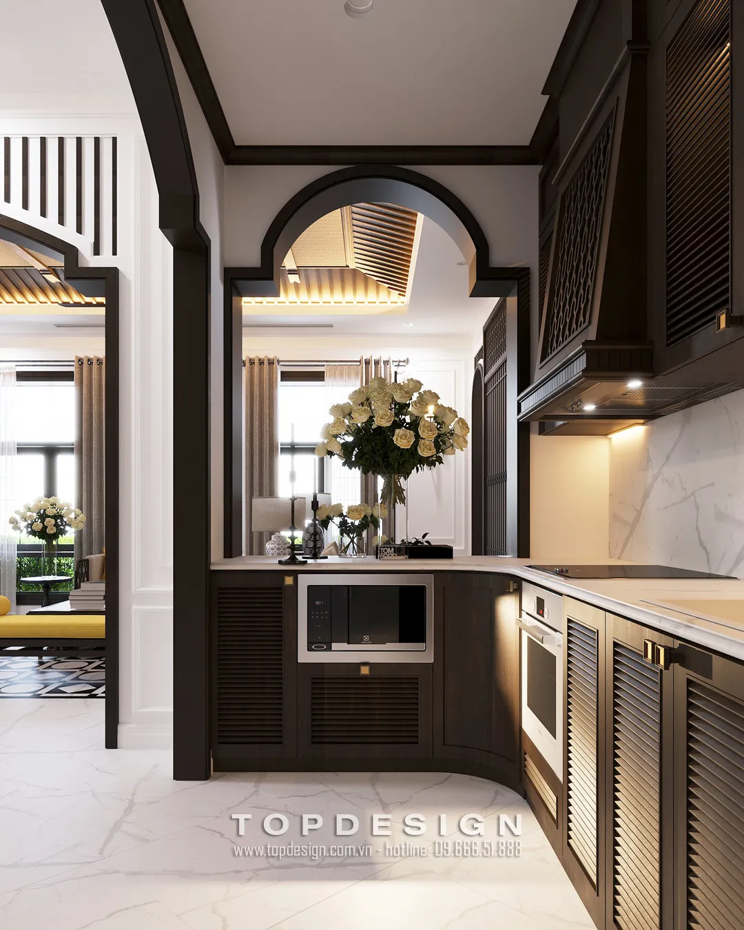 Tủ bếp gỗ óc chó phong cách Indochine