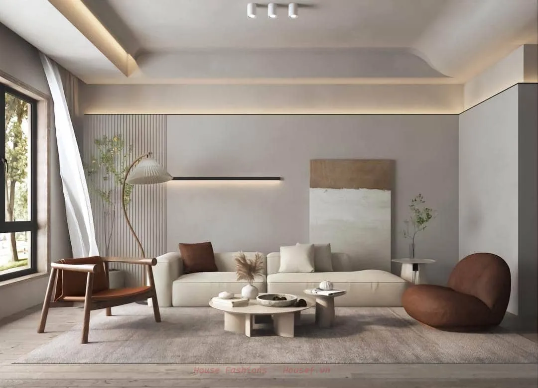 Phòng khách wabi-sabi với vật liệu tự nhiên