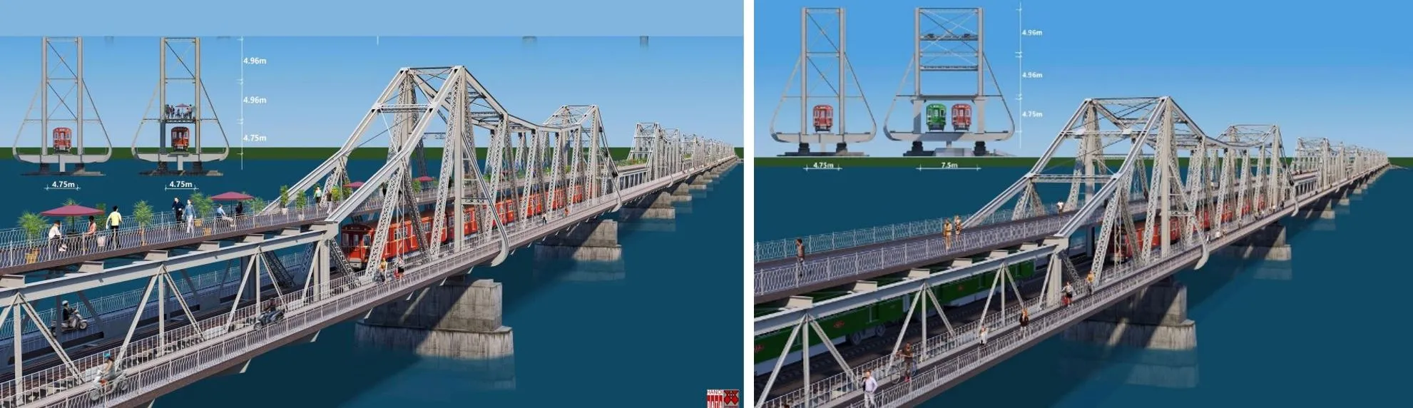 Đề xuất 2 phương án cầu Long Biên có bề rộng tương ứng cho 1 và 2 làn đường sắt và đường đi bộ trên tầng cao