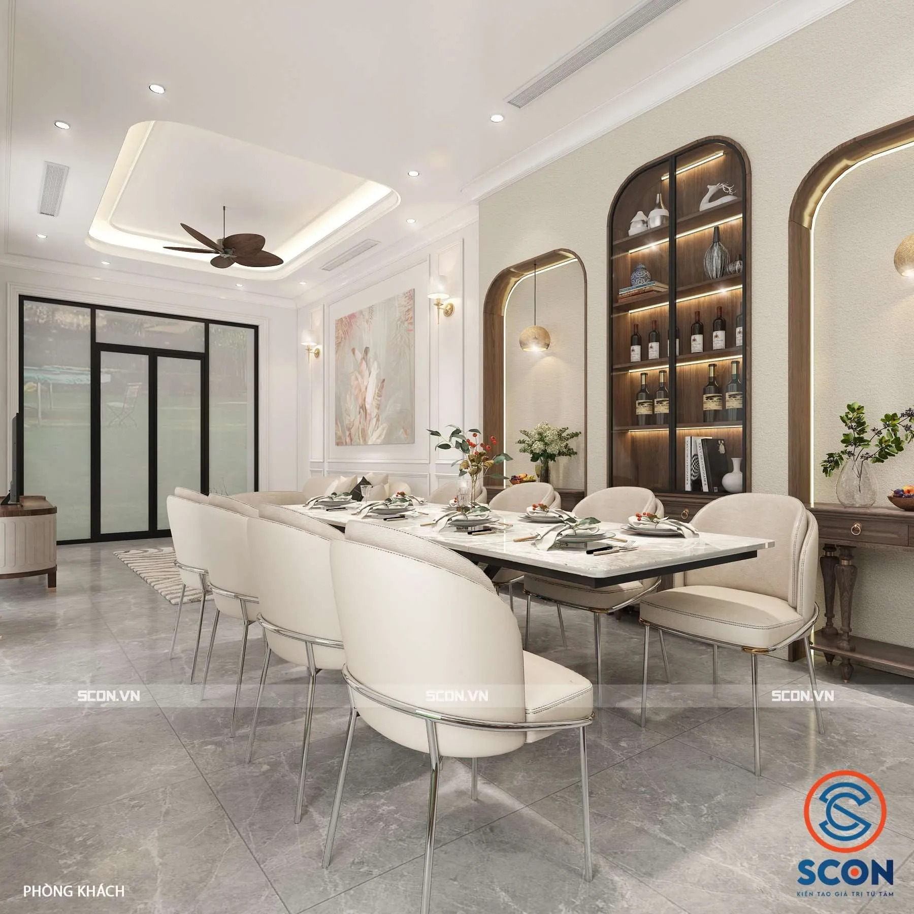 Phòng ăn shophouse với thiết kế bàn ăn gỗ tự nhiên và đèn thả hiện đại