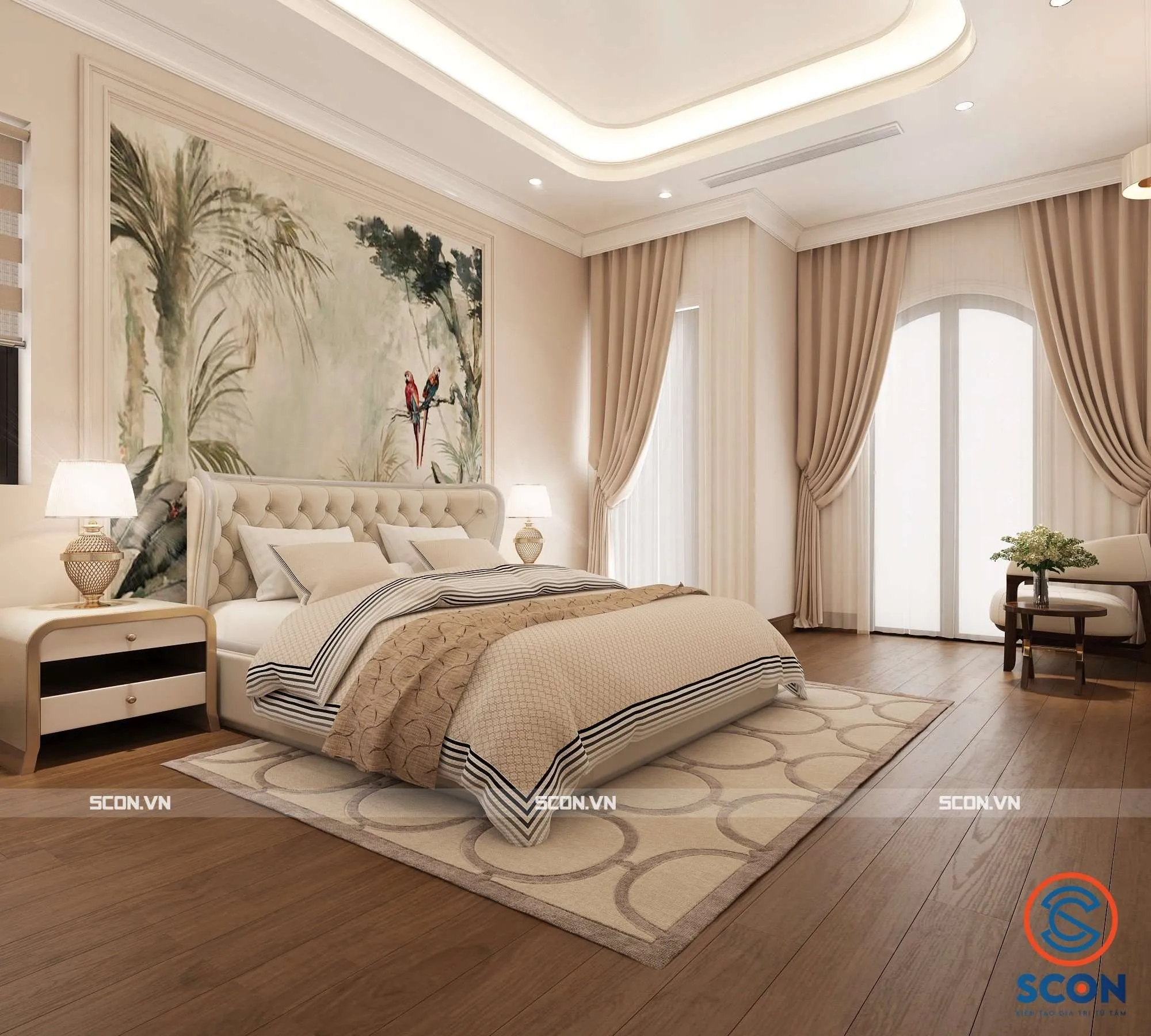 Phòng ngủ master shophouse phong cách hiện đại với tủ âm tường