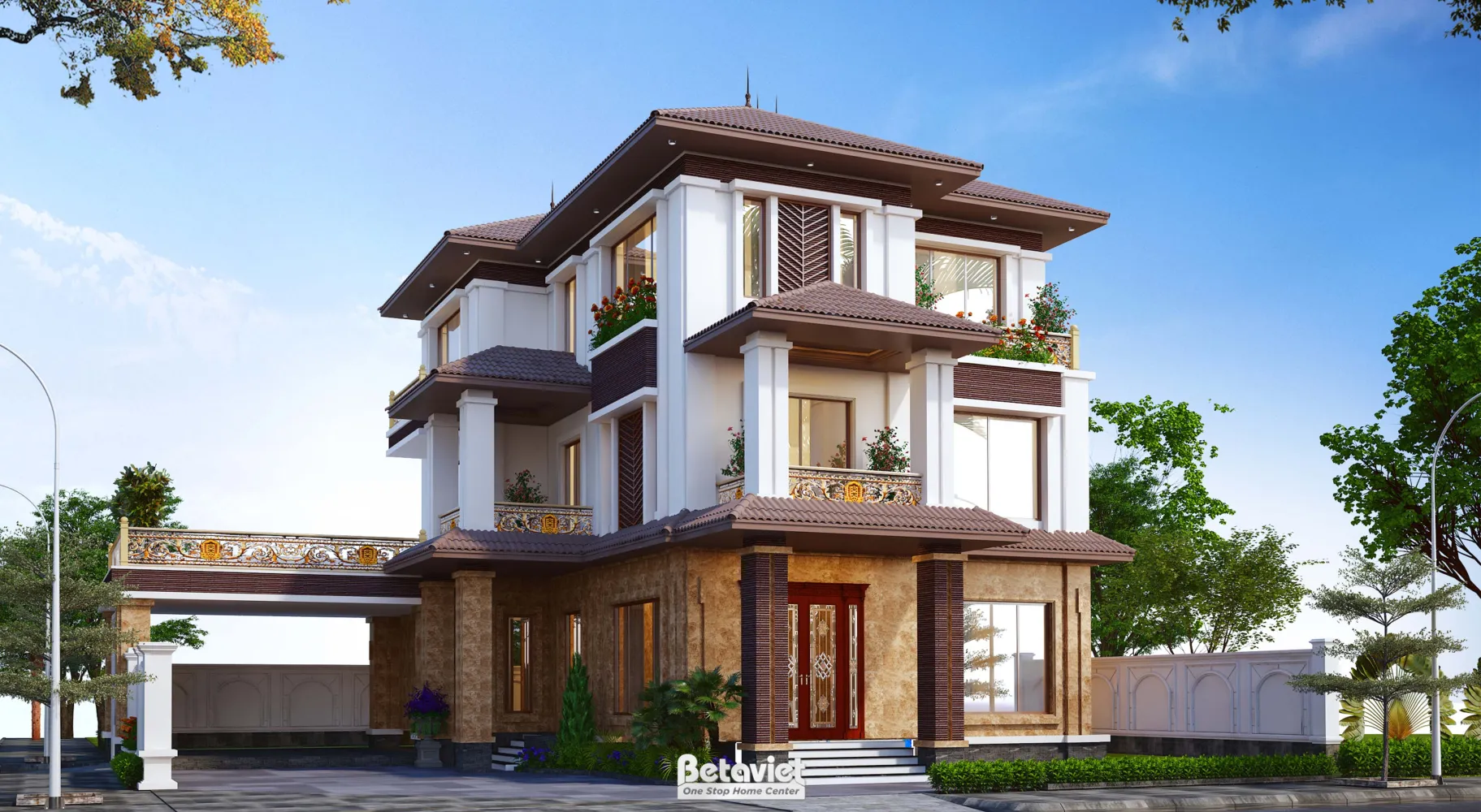 Thiết kế mặt tiền biệt thự sử dụng vách kính cường lực và hệ lan can hiện đại