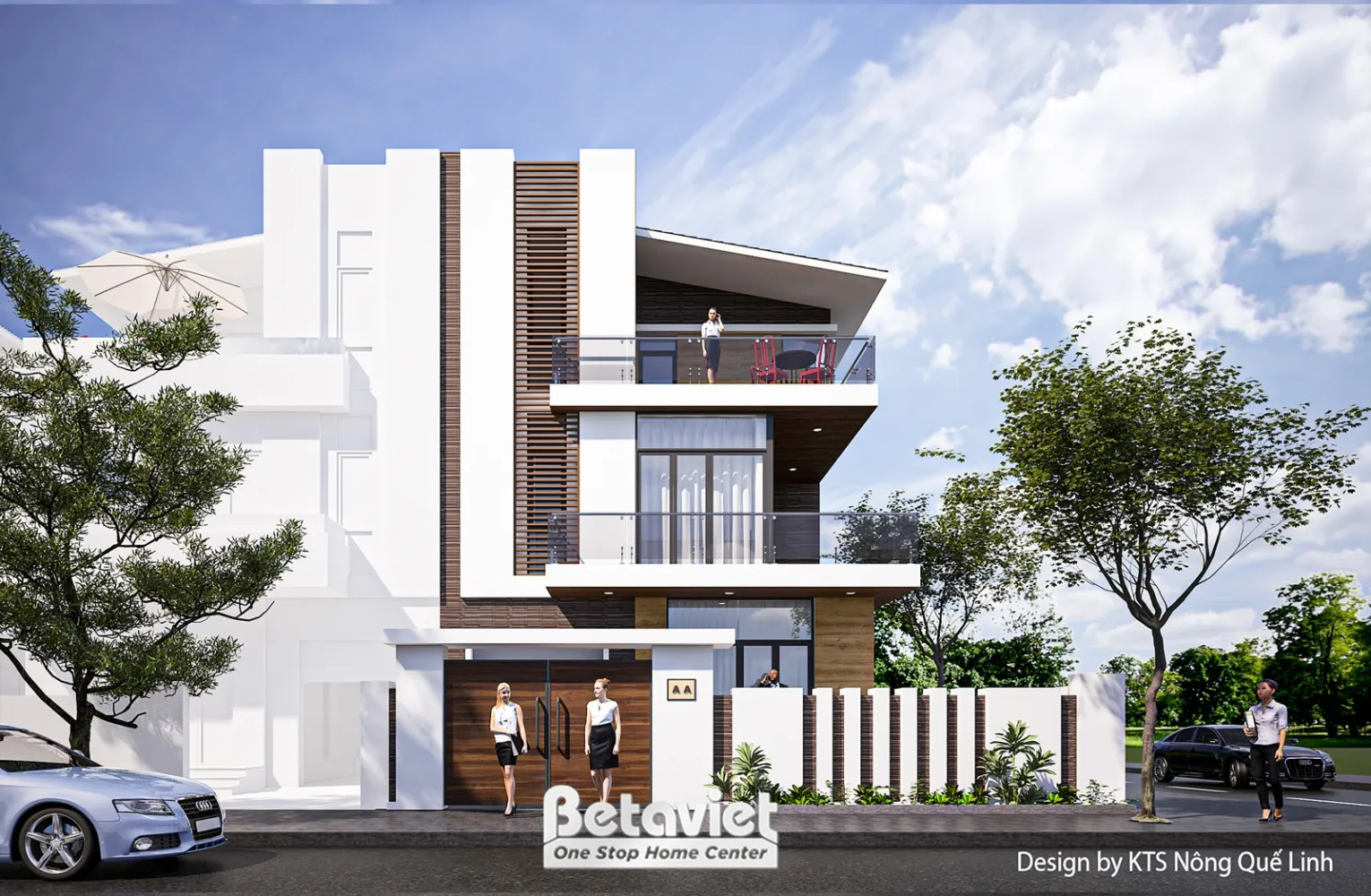 Phối cảnh ngoại thất biệt thự phong cách hiện đại với các hình khối chồng lấp độc đáo