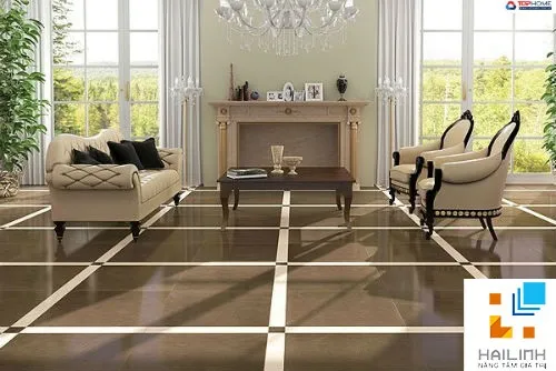 Gạch lát nền phòng khách với họa tiết vân đá tự nhiên, kích thước 800×800mm tối ưu diện tích