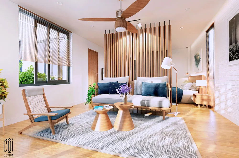 Không gian nội thất với cây xanh và ánh sáng tự nhiên
