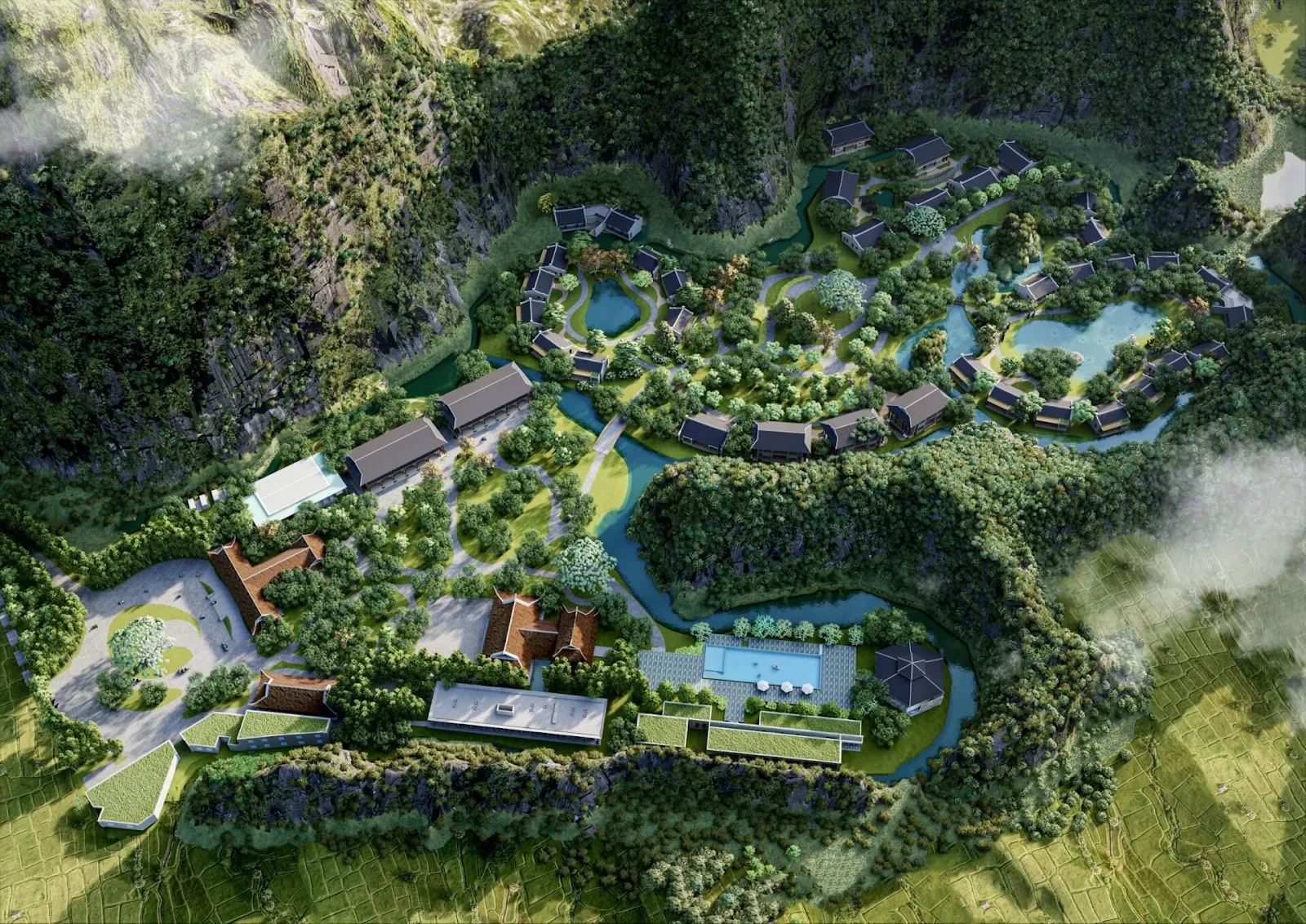 Nhân viên Hata Landscape đang thực hiện triển khai lắp đặt hệ thống cây xanh cho dự án biệt thự cao cấp