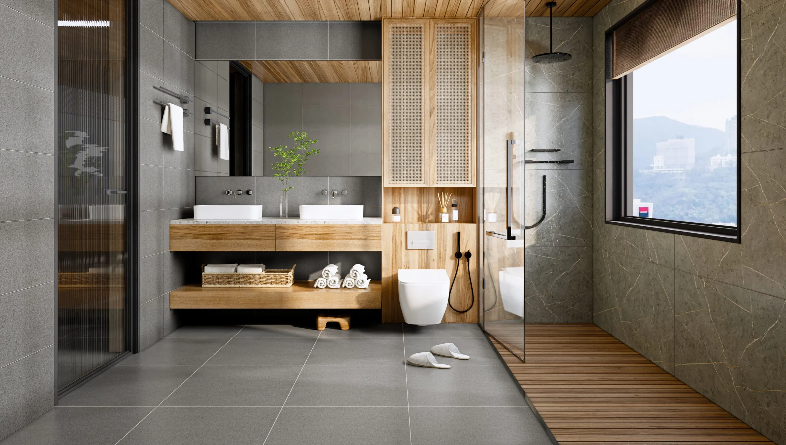 Gạch xi măng N65032H lát nền nhà tắm, chống trơn và giữ vẻ đẹp tối giản