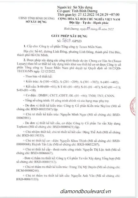 Pháp lý dự án - giấy phép xây dựng dự án chung cư Diamond Boulevard Bình Dương