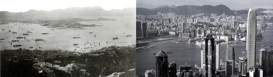 Hình 1: Bán đảo Cửu Long và đảo Hong Kong thập niên 1900 so với hiện tại