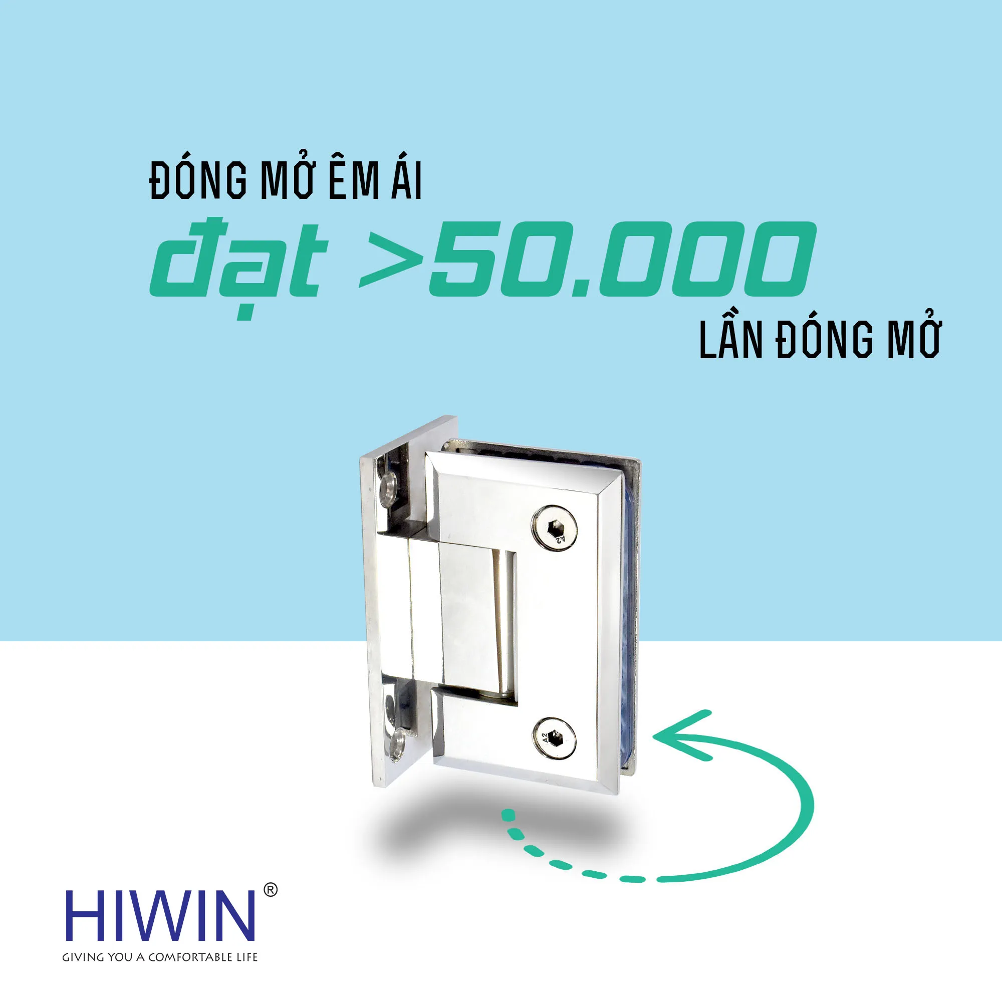 Kiểm định trên 50.000 lần đóng mở cho bản lề cabin phòng tắm cao cấp.