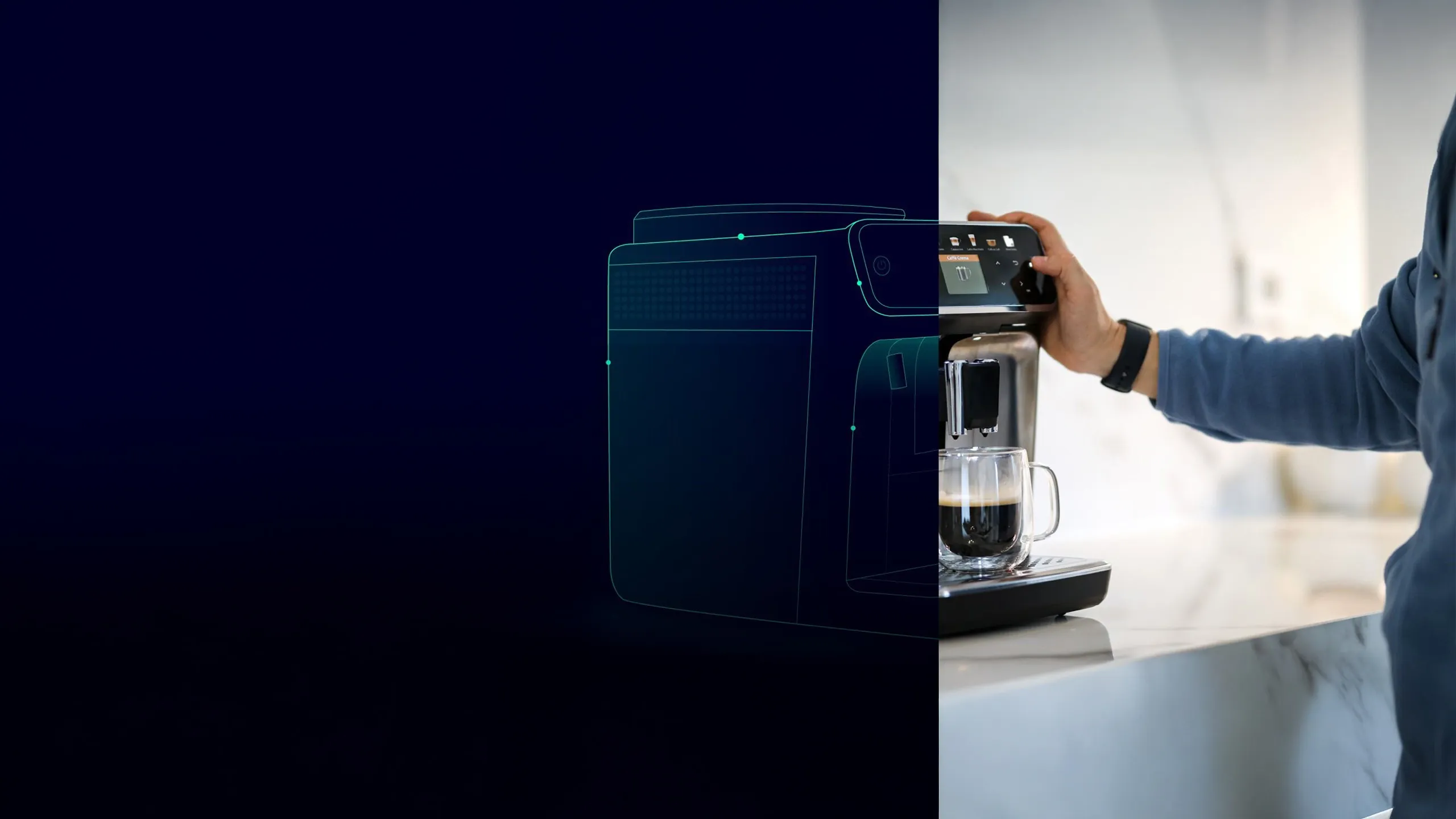 Người chạm vào nút trên máy pha cà phê espresso với hình ảnh hóa số hóa.