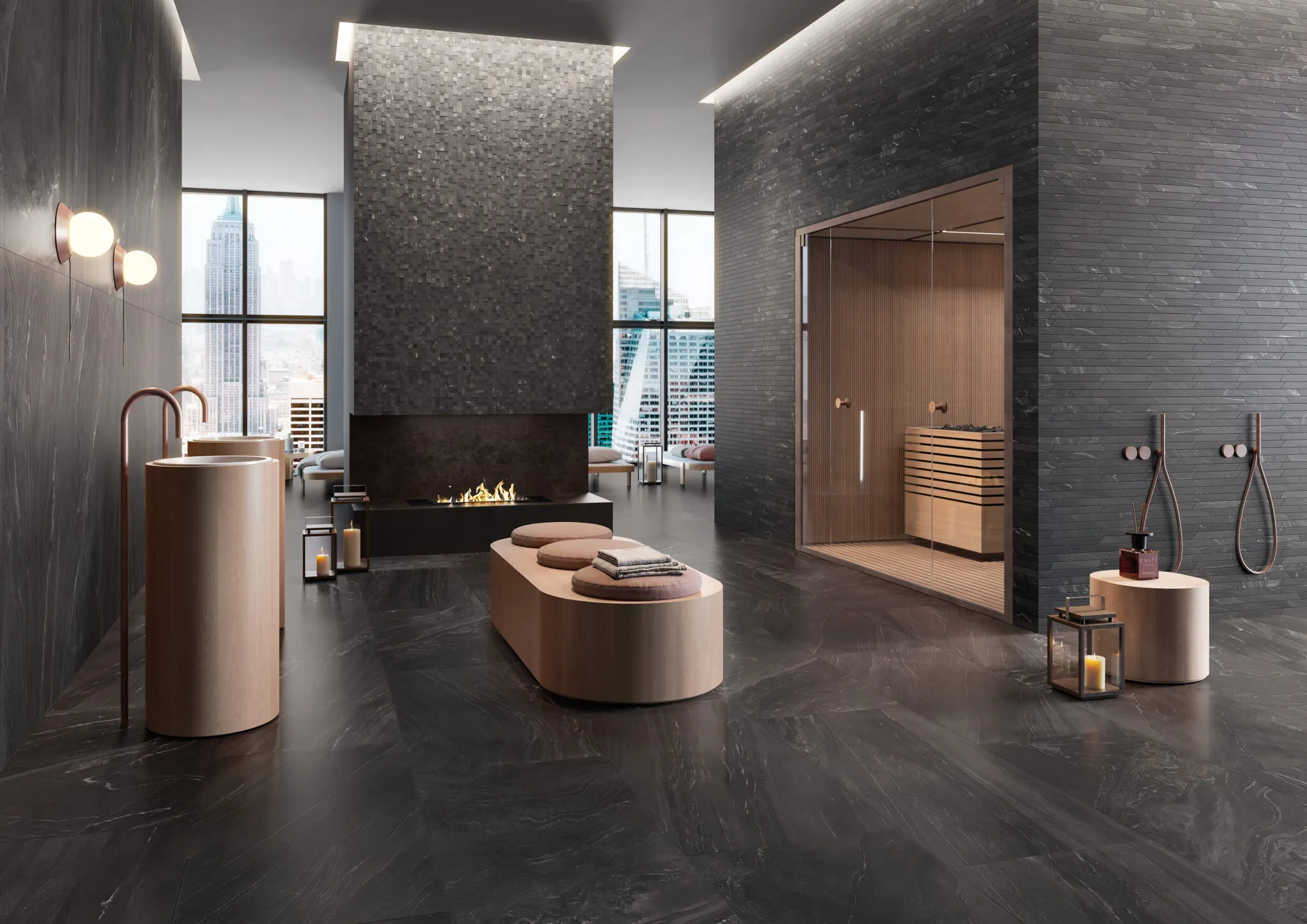 Gạch vân đá Calacatta trong thiết kế phòng tắm spa cao cấp với hệ thống chiếu sáng âm trần và bồn tắm đặt sàn
