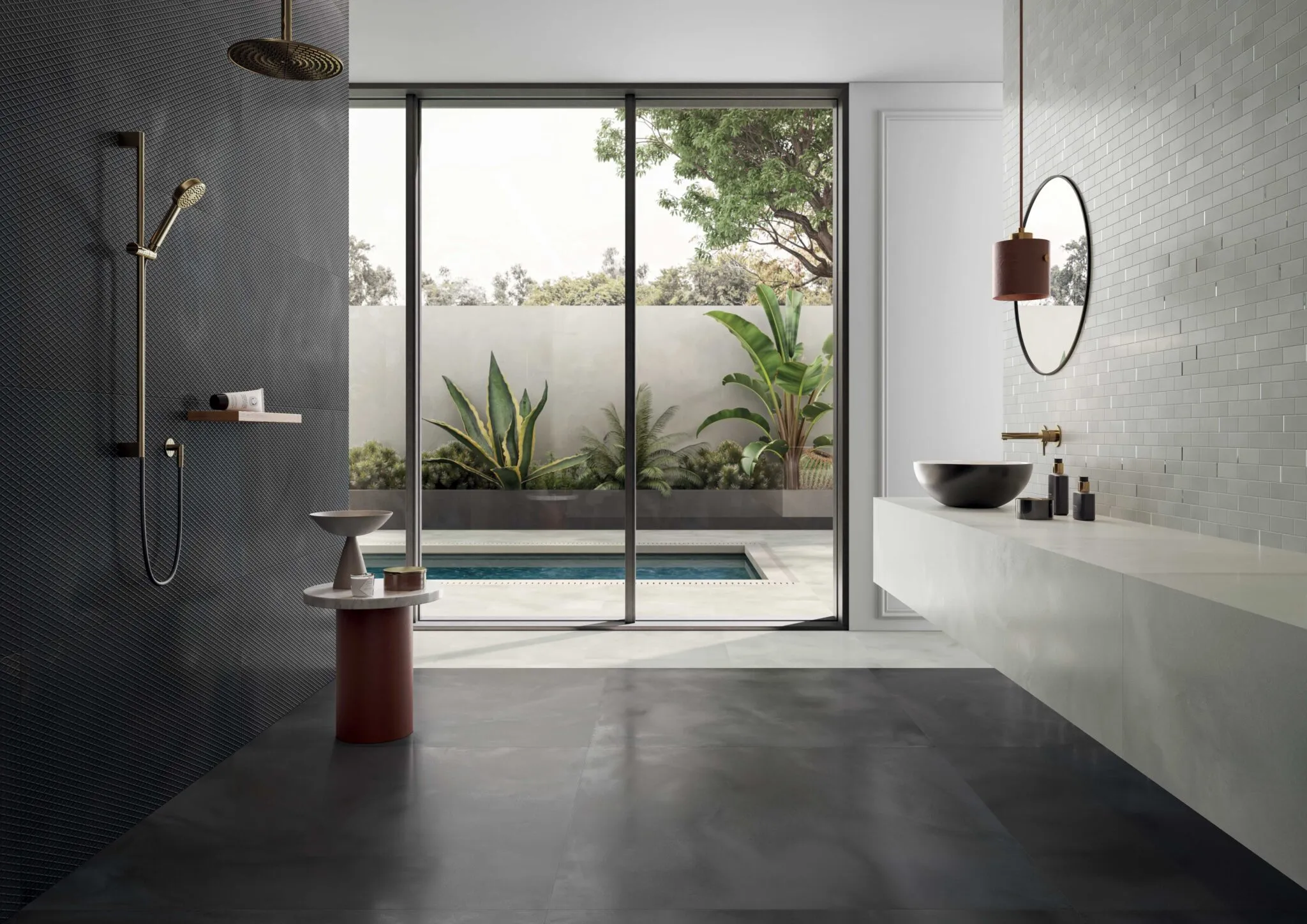 Gạch vân xi măng màu graphite với hiệu ứng bề mặt 3D trong thiết kế phòng tắm phong cách công nghiệp hiện đại