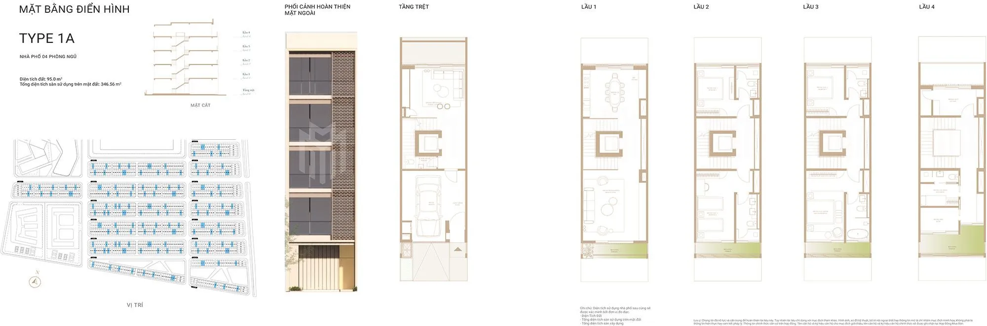 Mặt bằng chi tiết Type 1A – diện tích 95m², bố trí 4 tầng với không gian linh hoạt