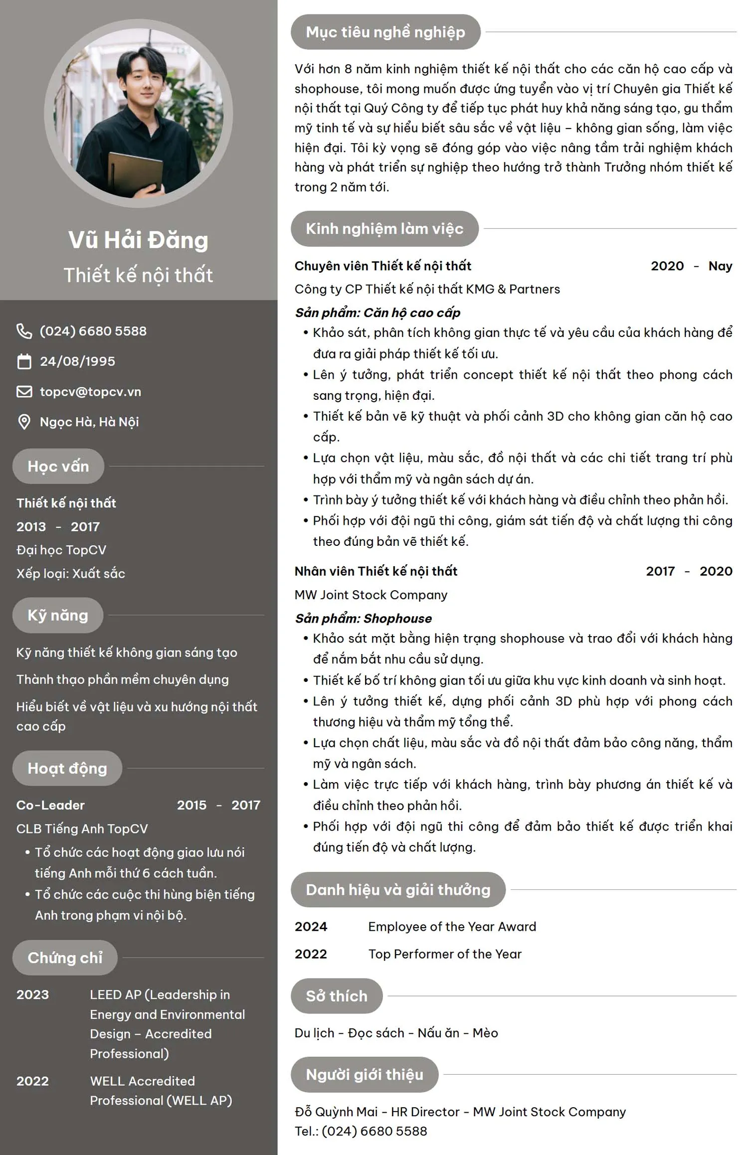 Mẫu CV thiết kế nội thất thanh lịch