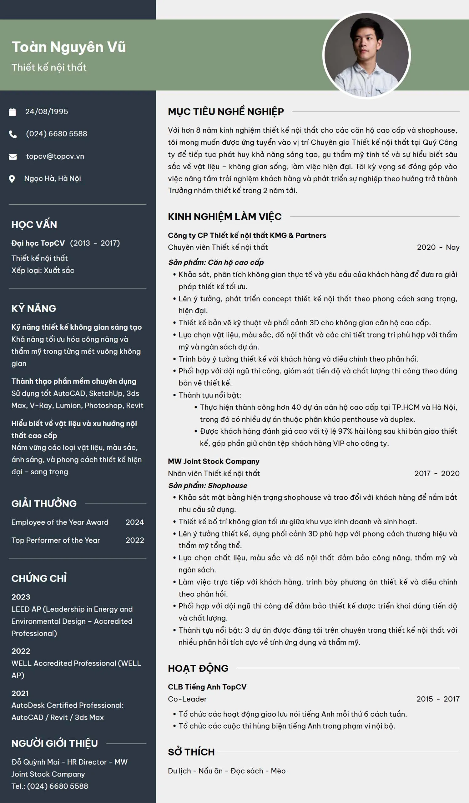 Mẫu CV thiết kế nội thất hiện đại