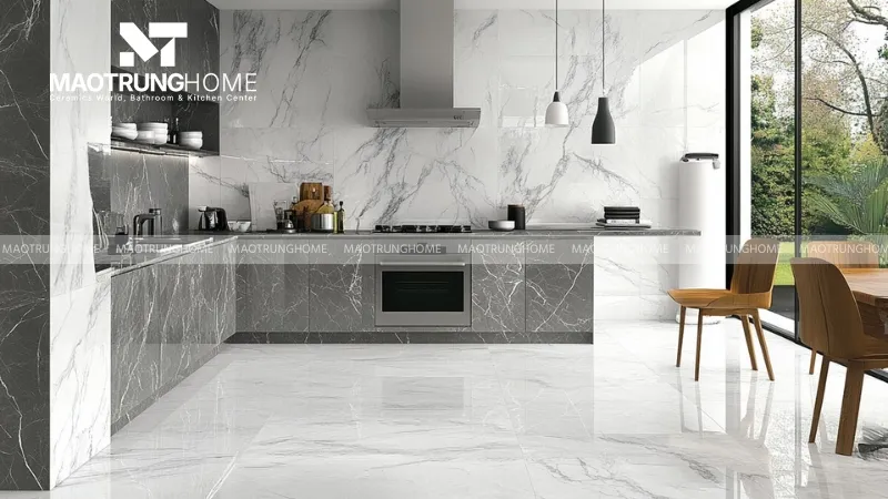 Gạch giả đá marble trắng vân xám cho bếp sang trọng