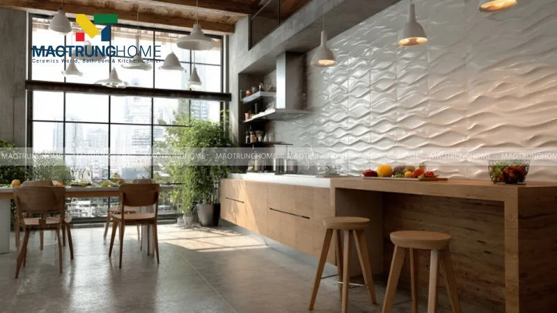 Gạch 3D họa tiết sóng tạo chiều sâu cho tường bếp