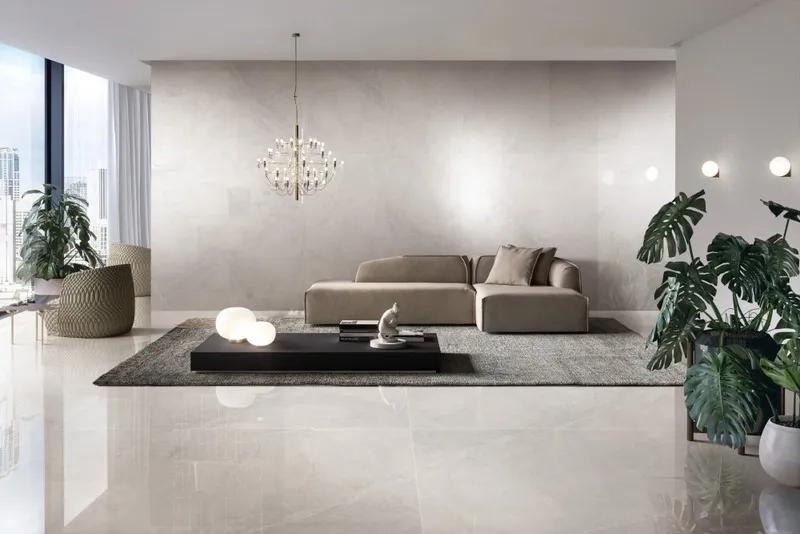 Gạch ceramic vân đá kem nhẹ nhàng cho phòng khách