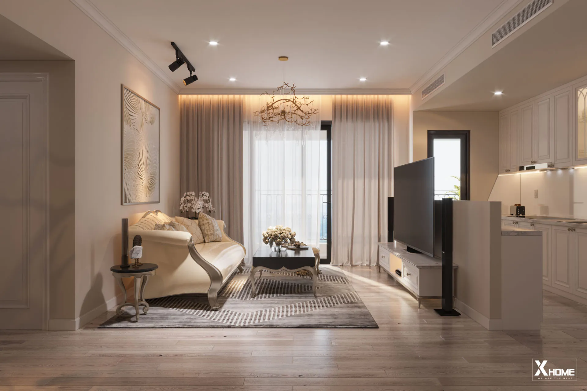 Phòng khách chung cư 100m² sử dụng đá marble và đèn chùm