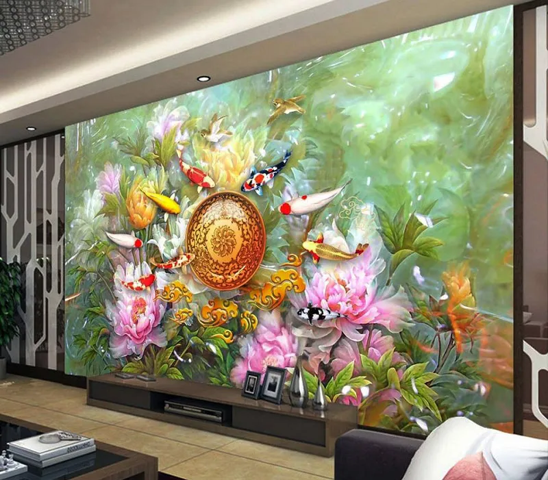 Mẫu tranh gạch 3D giả ngọc với tông màu trắng xanh sang trọng giúp căn phòng khách trở nên rộng rãi hơn