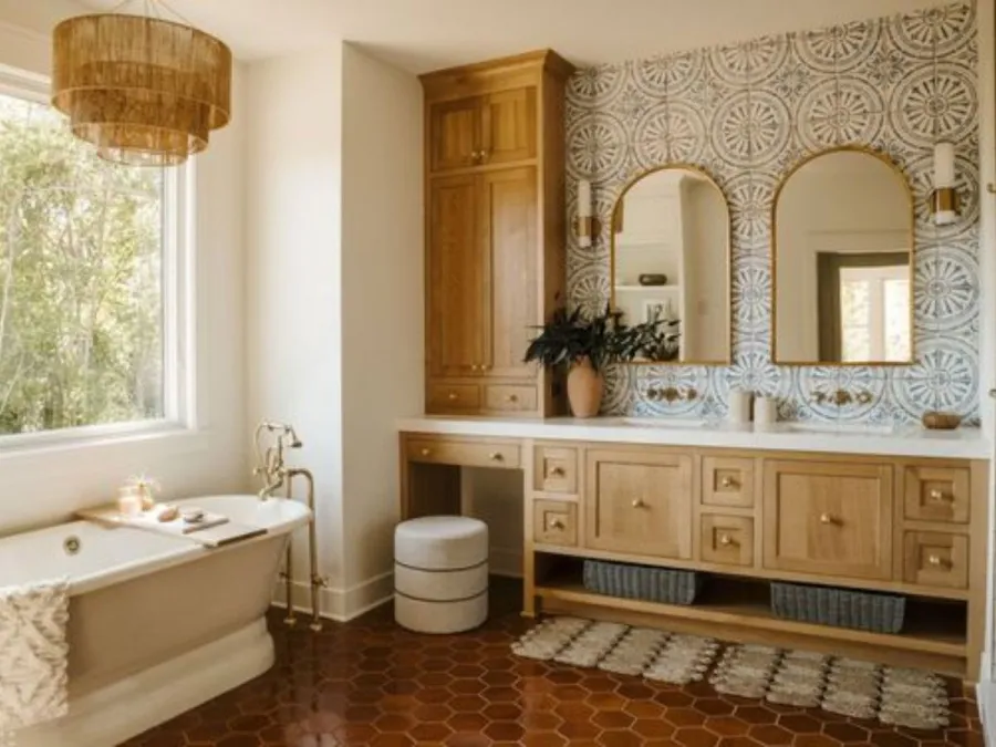 Phòng tắm tân cổ điển với bồn tắm freestanding, đá marble và đèn chùm pha lê cho biệt thự cao cấp