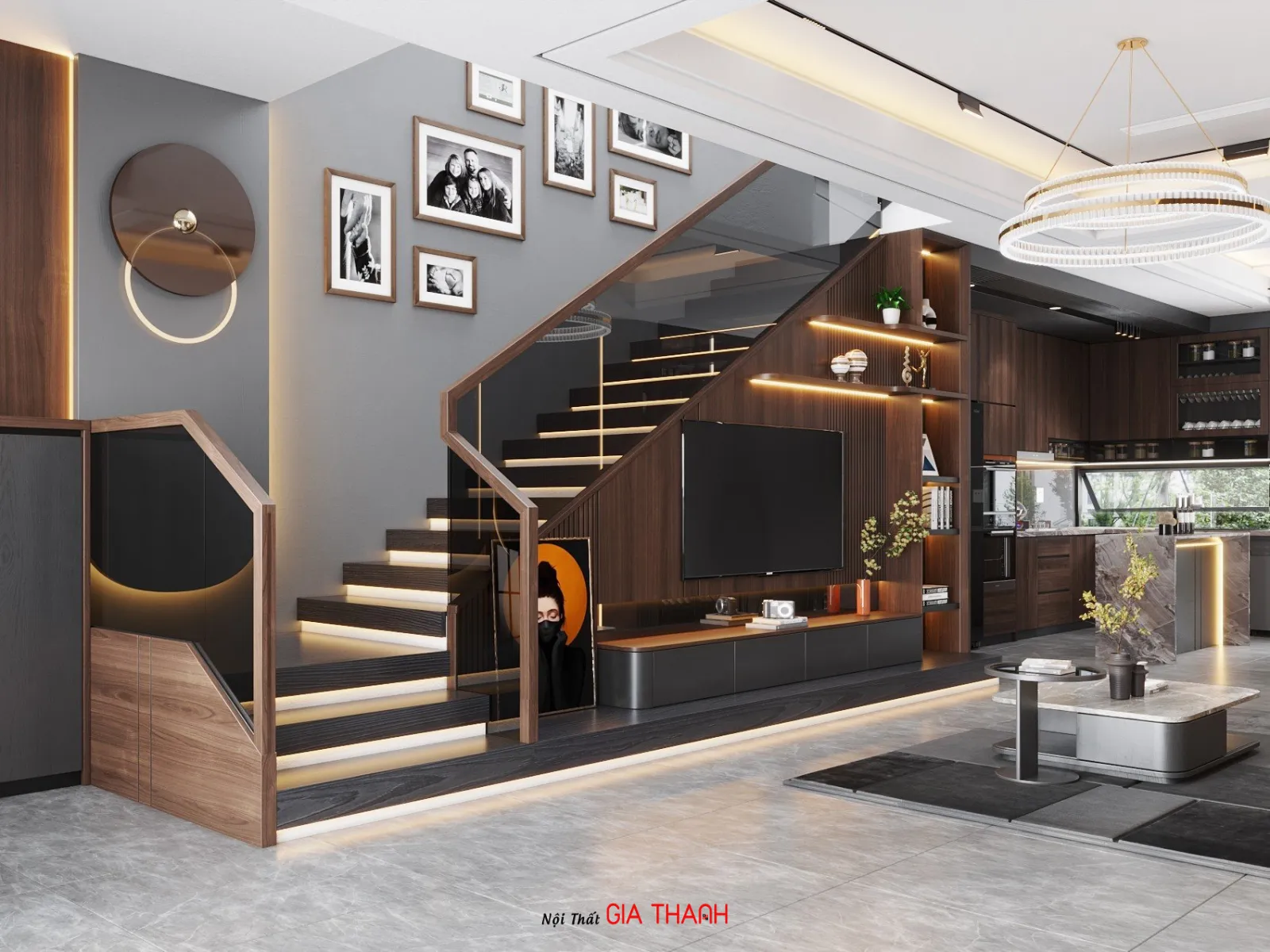 Hệ cầu thang và vách kệ tivi