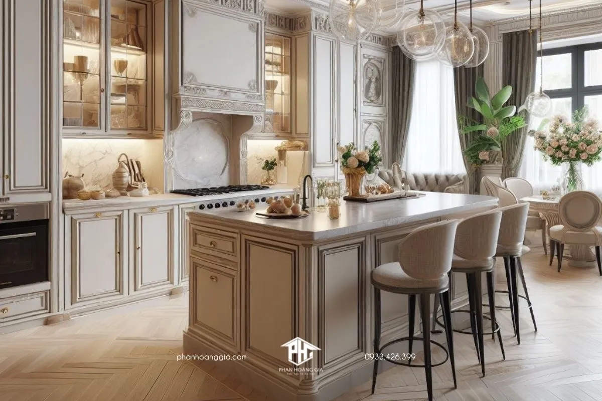 Sự tương phản của phong cách Tân cổ điển và Hiện đại cho phòng bếp