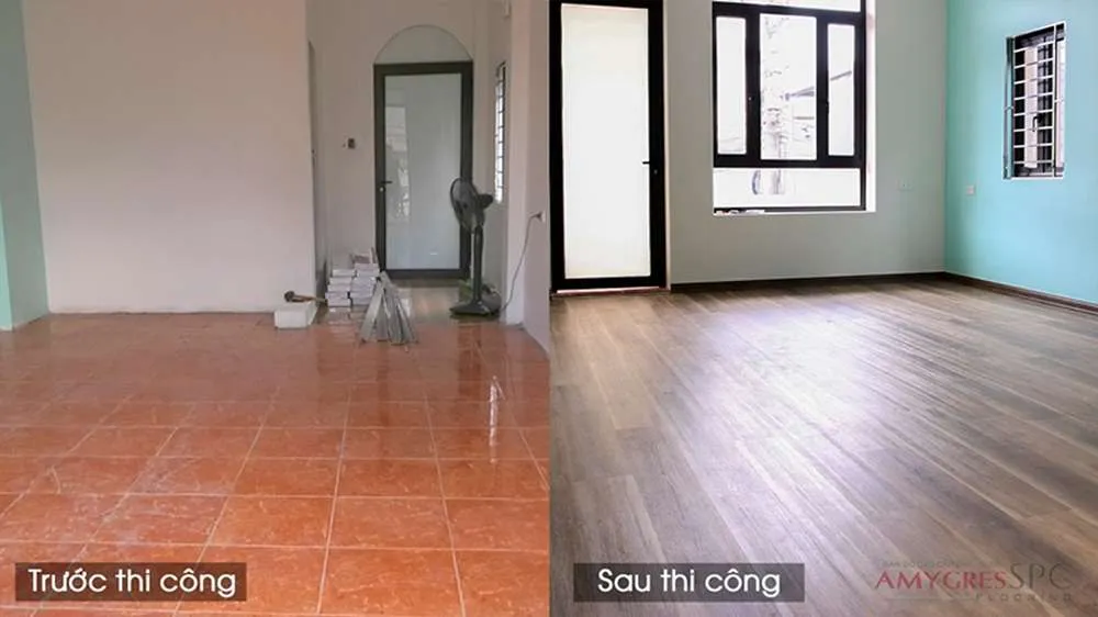 Không gian phòng khách hiện đại sử dụng sàn gỗ AMYGRES SPC vân gỗ sồi tự nhiên, tạo cảm giác ấm cúng và gần gũi với thiên nhiên