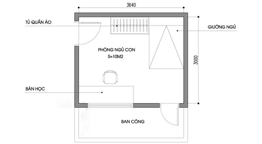 Mô phỏng mặt bằng thiết kế nội thất phòng ngủ 10m2 với giường sát tường và bàn làm việc bên cửa sổ