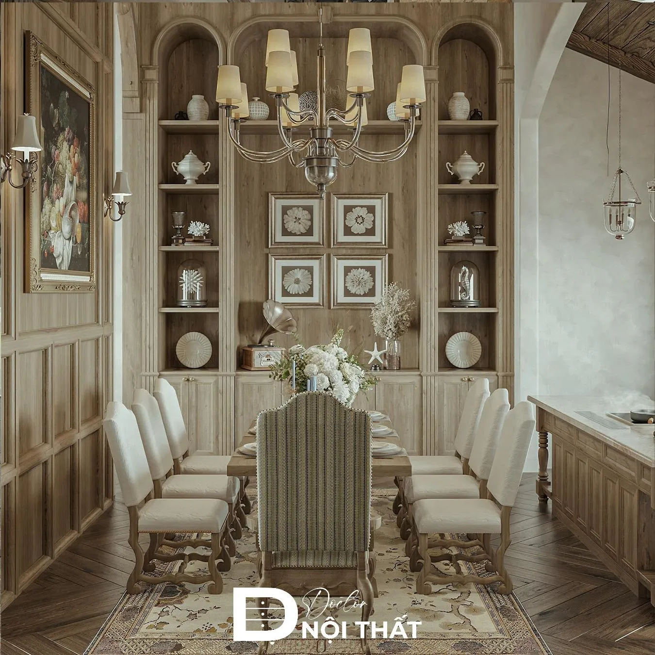 Phòng khách biệt thự Scandinavian với sofa xám và bàn trà gỗ