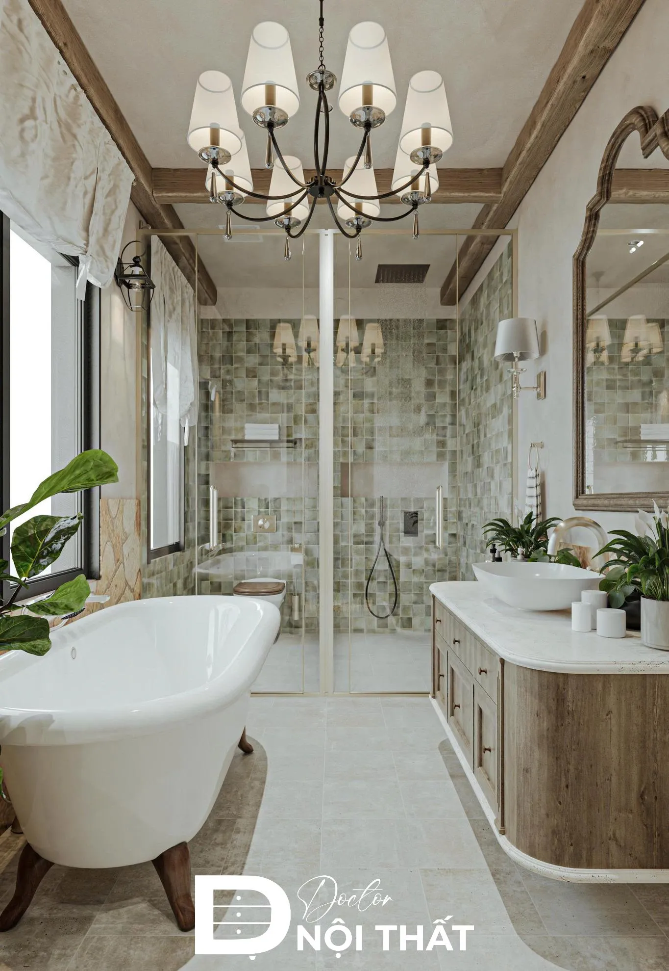 Phòng tắm biệt thự Scandinavian với gạch trắng và gỗ