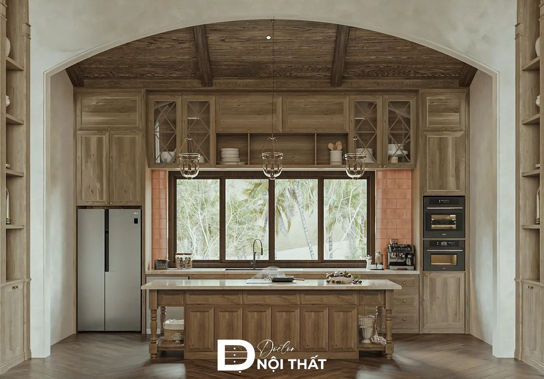 Bếp biệt thự Scandinavian với tủ bếp trắng và mặt đá