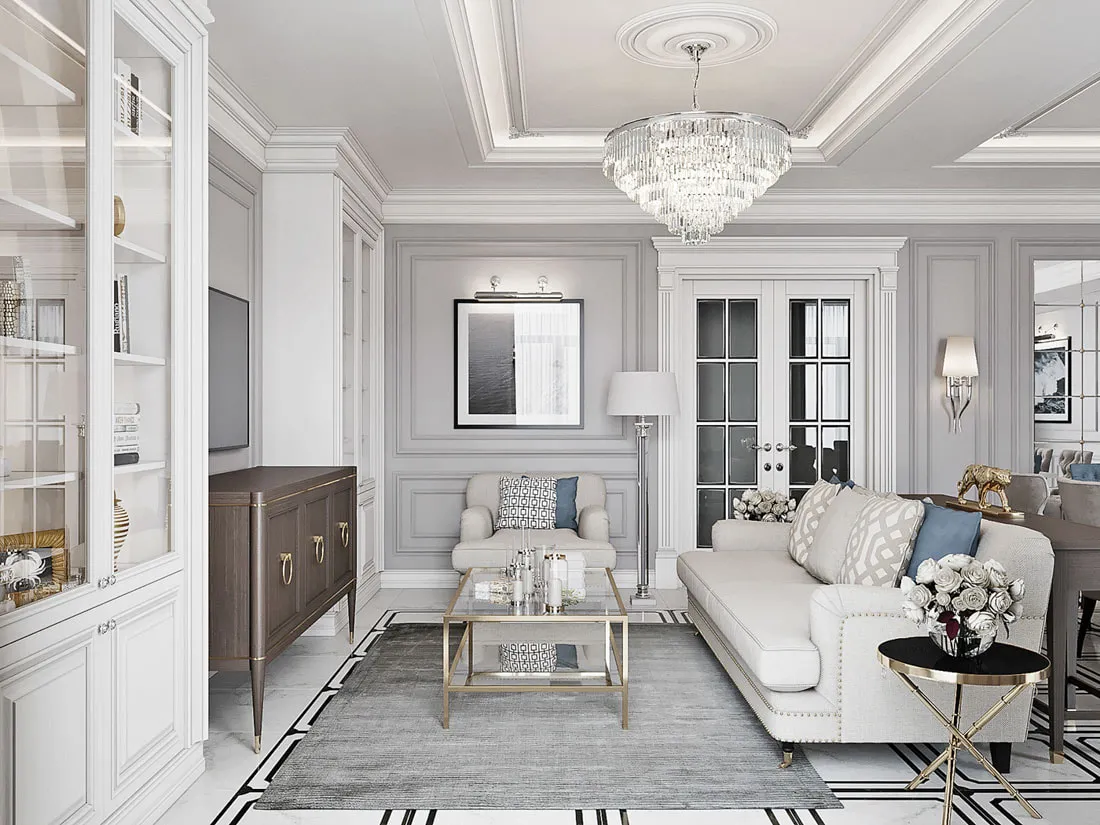 Phòng khách chung cư Tân cổ điển với sofa nhung và đèn chùm