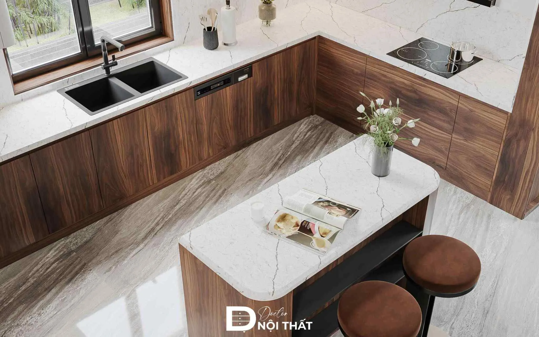 Đảo bếp hiện đại với mặt đá tự nhiên