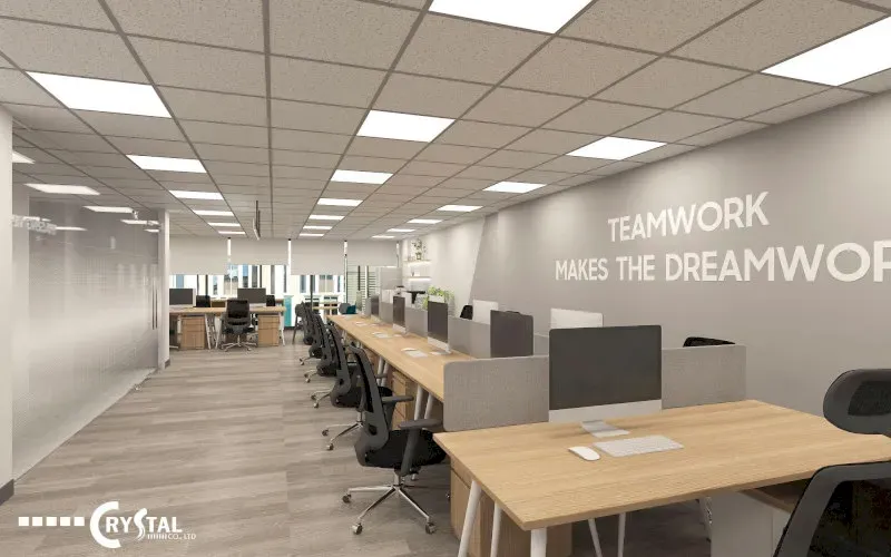 Văn phòng 25m² phong cách hiện đại với bàn làm việc mở, ghế xoay và tường slogan động lực