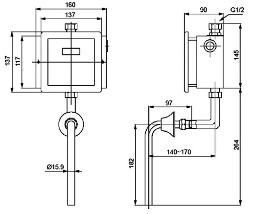 Bản vẽ lắp đặt Van xả cảm ứng tiểu nam Inax OKUV-32SM