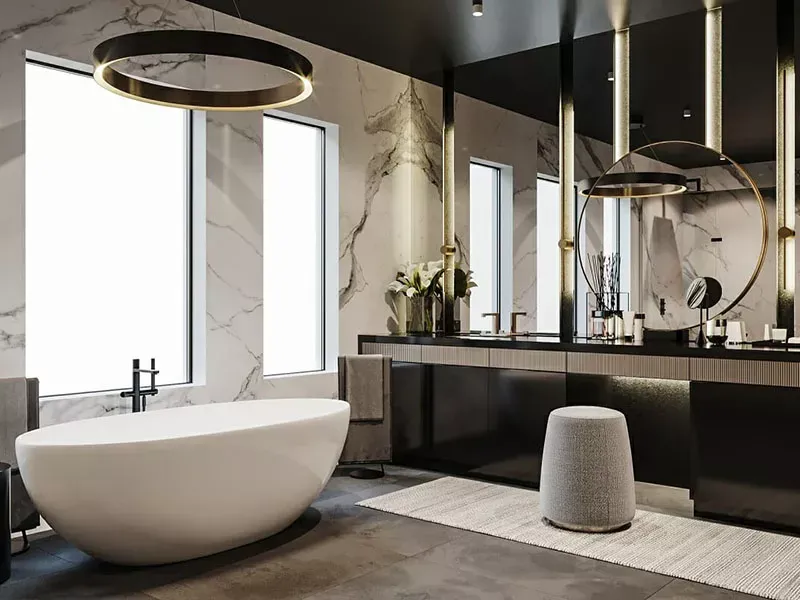 Phòng tắm wet room với hệ thống thoát nước tối ưu và không gian mở cho dự án khách sạn