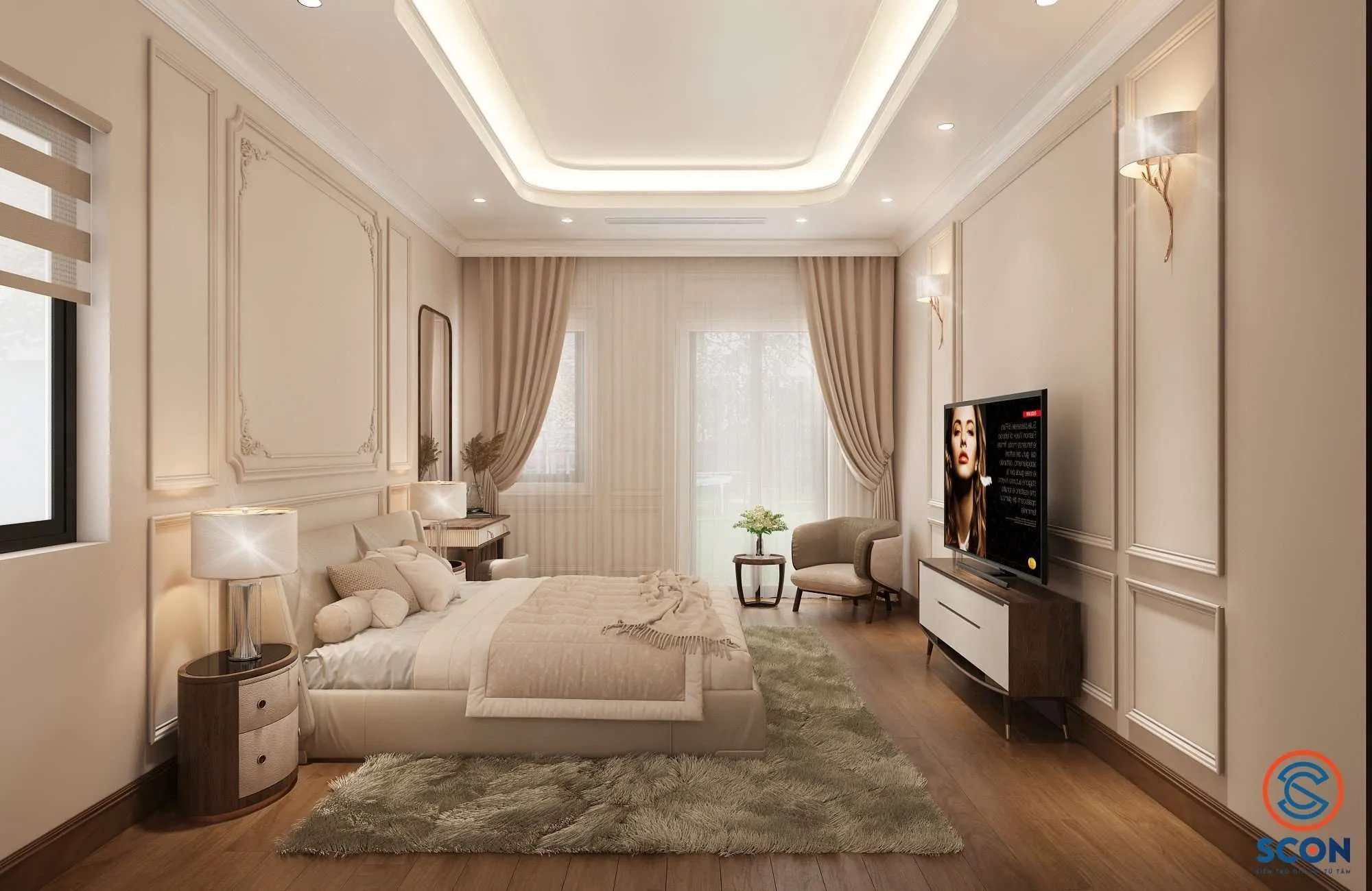 Phòng ngủ shophouse với giường bọc nỉ và tủ đầu giường gỗ óc chó