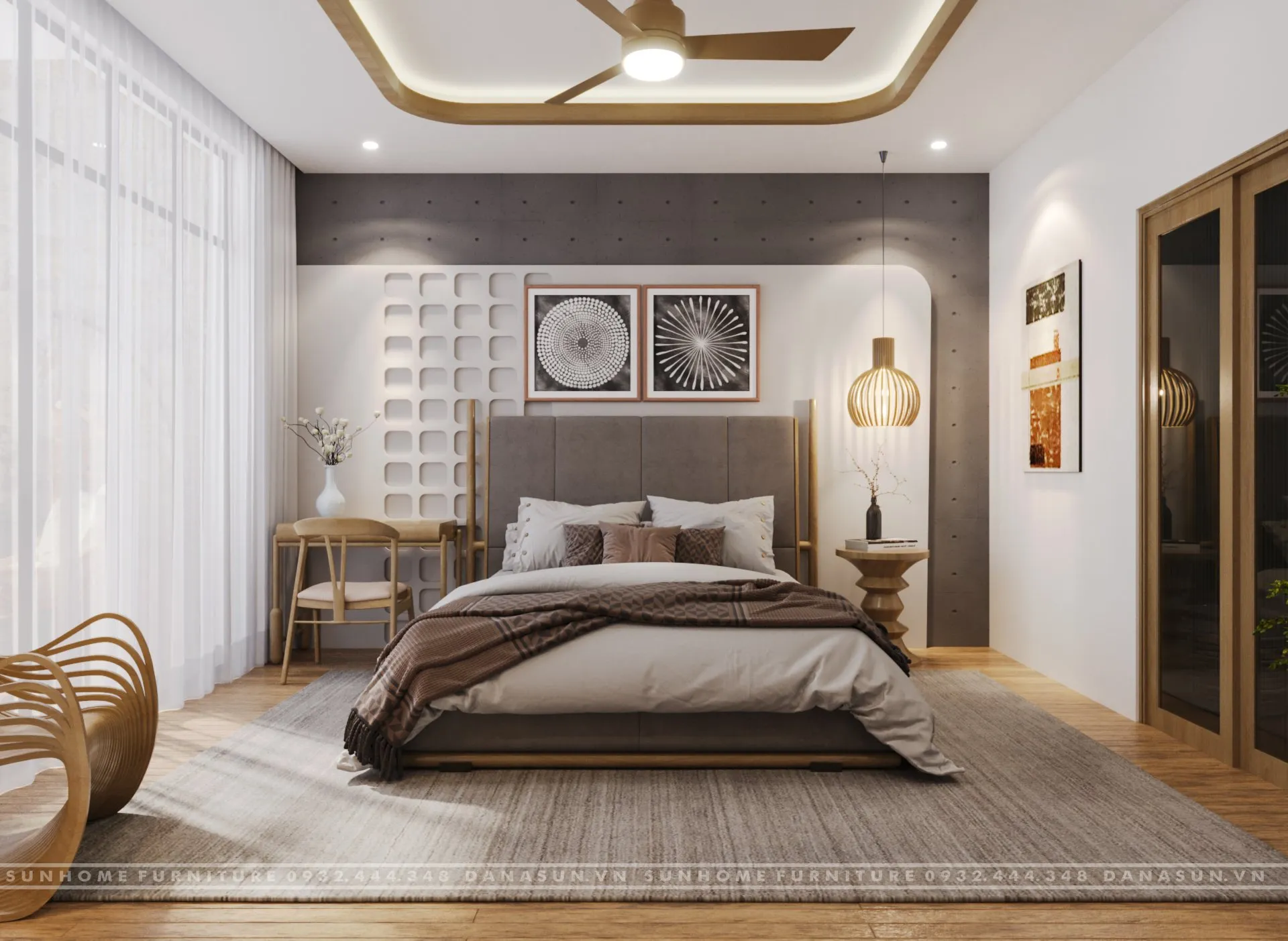 Phòng khách căn hộ với nội thất gỗ tự nhiên
