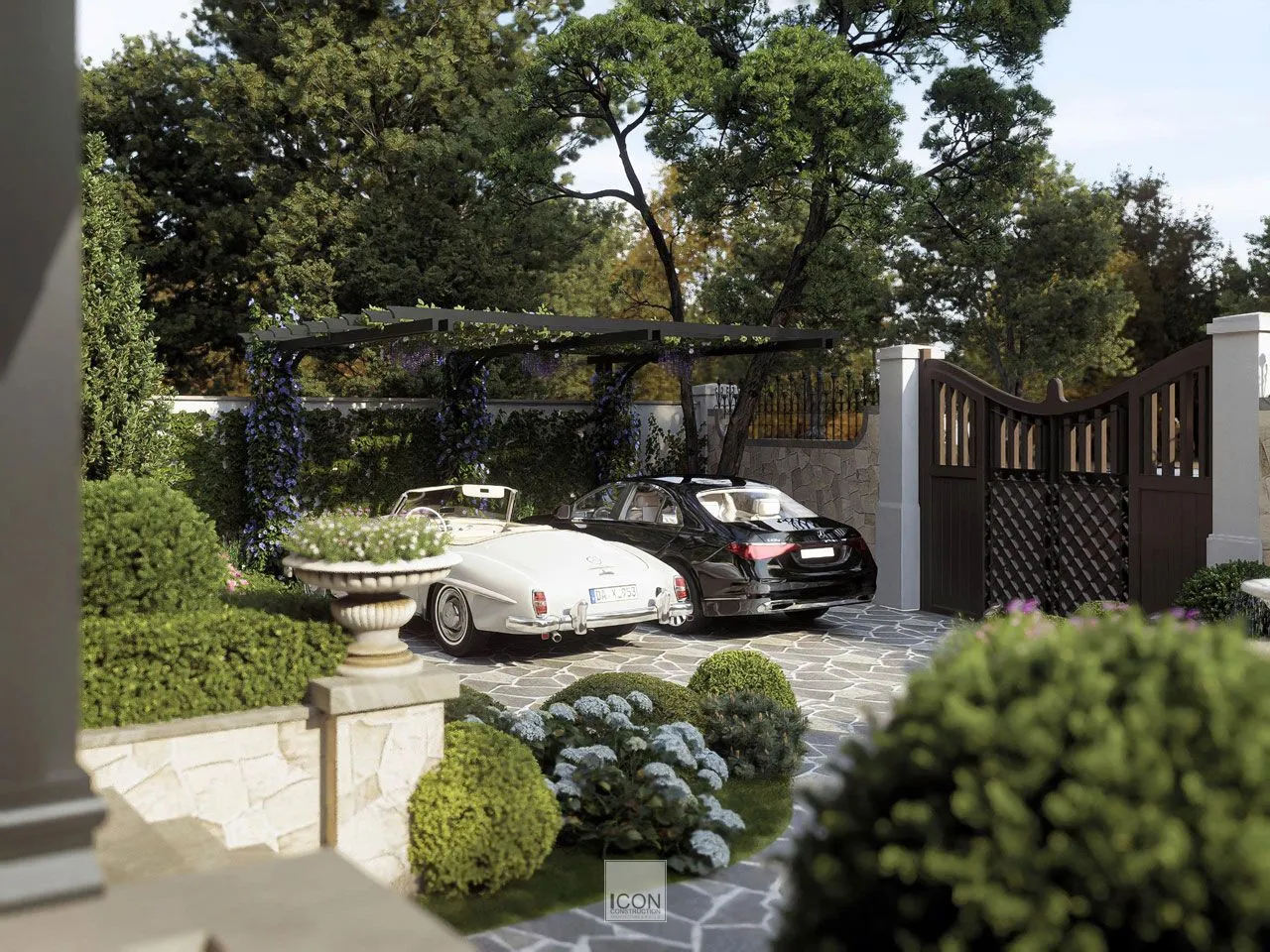 Sự hiện diện của nước, cây xanh và lối lát gạch gợi nhớ đến khuôn viên nhà vườn truyền thống, nhưng được nâng tầm bằng tư duy bố cục hiện đại