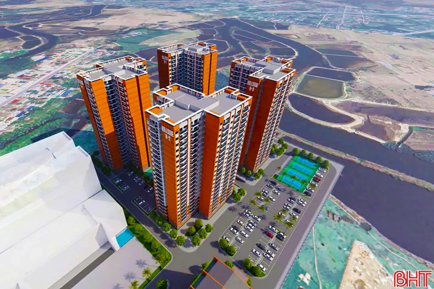 Phối cảnh kiến trúc hiện đại của HILLSIDE Vũng Áng trong tổng thể quy hoạch xanh